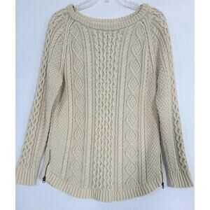 LL Bean Signature Sweater Size S Cream Aran Fisherman Cotton Cable Knit Ivory